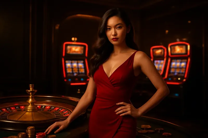 Elegant woman in red dress standing by roulette and slot machines with gold coins and poker chips in a luxury Bangladesh casino setting