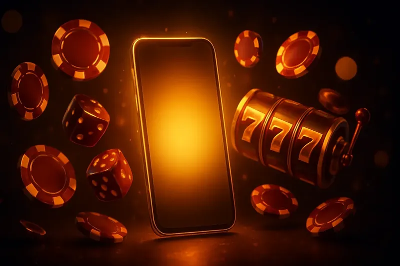 Glowing smartphone surrounded by casino chips, slot reels, and dice with gold accents on a dark luxurious background